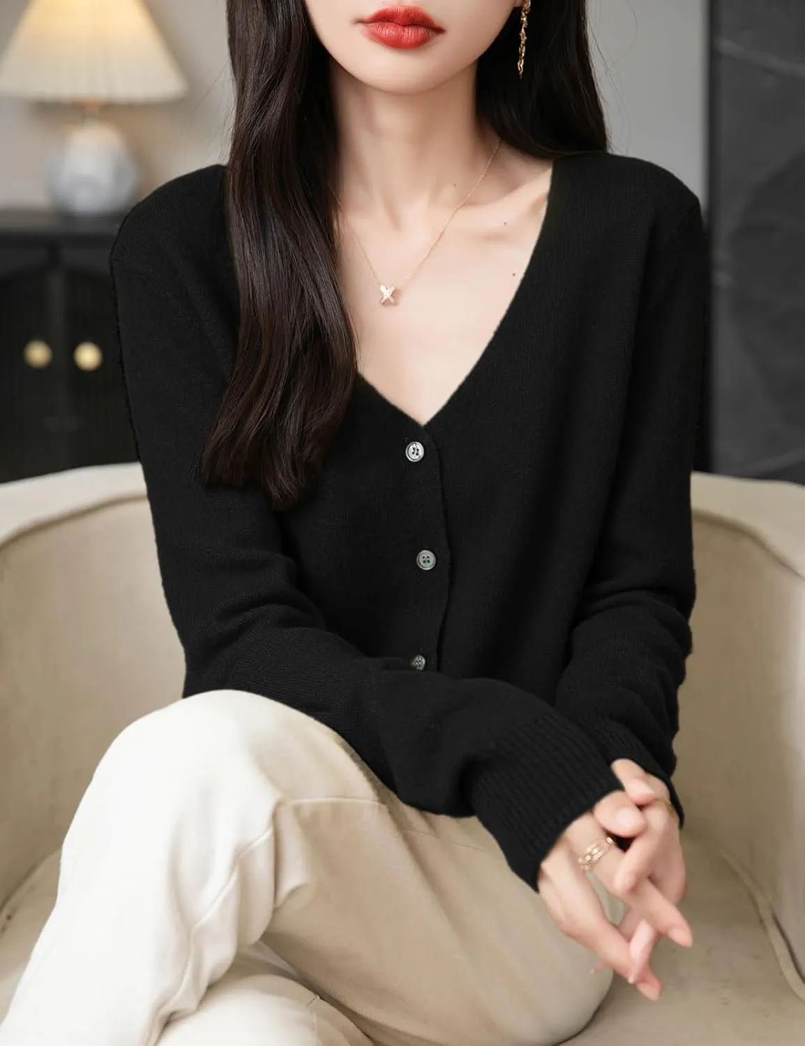 Women's 100% Merino Wool Cardigan 2025 Fall Winter Sexy V Neck Long Sleeve Lightweight Knit Cardigan Sweater