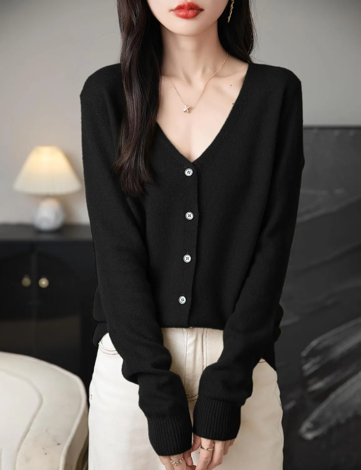 Women's 100% Merino Wool Cardigan 2025 Fall Winter Sexy V Neck Long Sleeve Lightweight Knit Cardigan Sweater