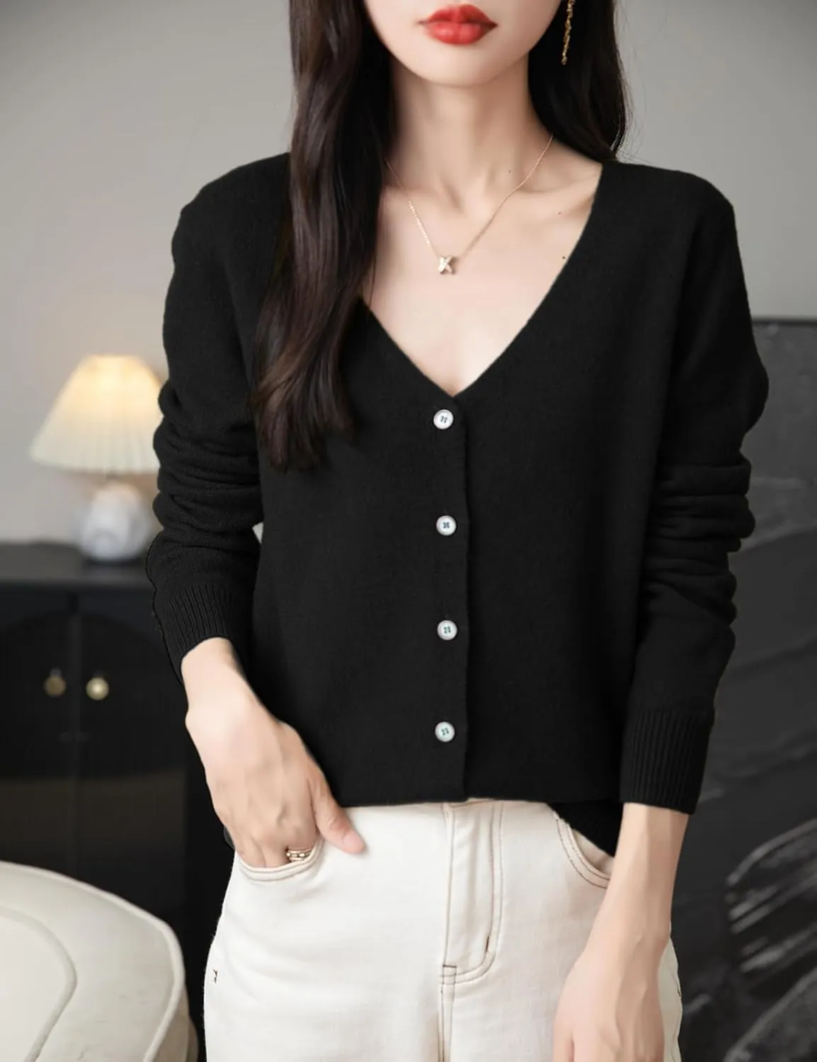 Women's 100% Merino Wool Cardigan 2025 Fall Winter Sexy V Neck Long Sleeve Lightweight Knit Cardigan Sweater
