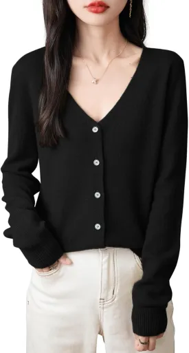 Women's 100% Merino Wool Cardigan 2025 Fall Winter Sexy V Neck Long Sleeve Lightweight Knit Cardigan Sweater
