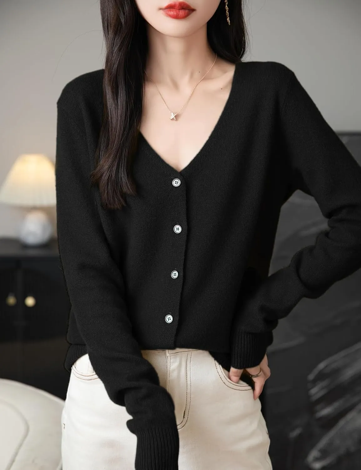 Women's 100% Merino Wool Cardigan 2025 Fall Winter Sexy V Neck Long Sleeve Lightweight Knit Cardigan Sweater