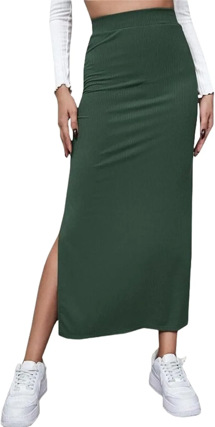 Women's High Waist Pencil Skirt, Casual Long Knit Skirt with Side Slit, Spring Pencil Slit Tummy Control Elastic High