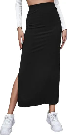 Women's High Waist Pencil Skirt, Casual Long Knit Skirt with Side Slit, Spring Pencil Slit Tummy Control Elastic High