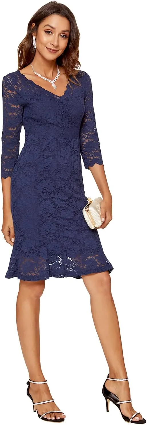 Womens Lace Floral Overlay Sexy V Neck Evening Cocktail Party Mermaid Bodycon Dresses