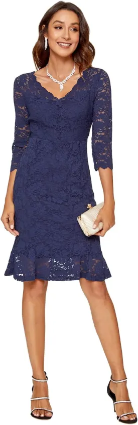 Womens Lace Floral Overlay Sexy V Neck Evening Cocktail Party Mermaid Bodycon Dresses