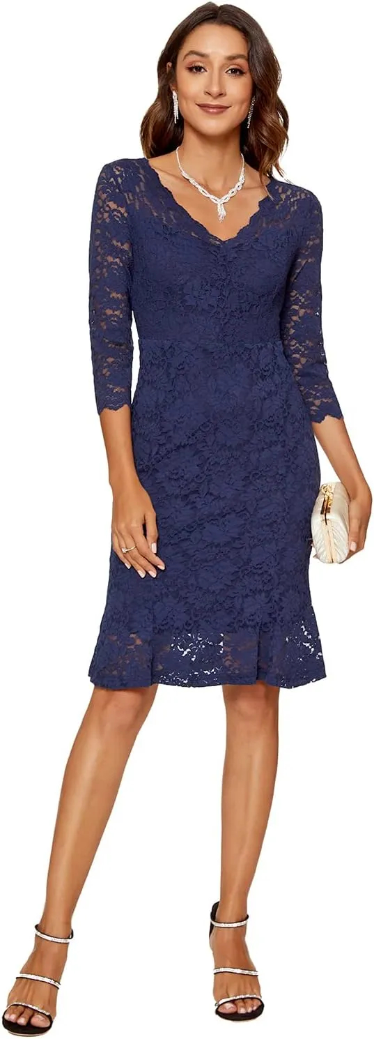 Womens Lace Floral Overlay Sexy V Neck Evening Cocktail Party Mermaid Bodycon Dresses