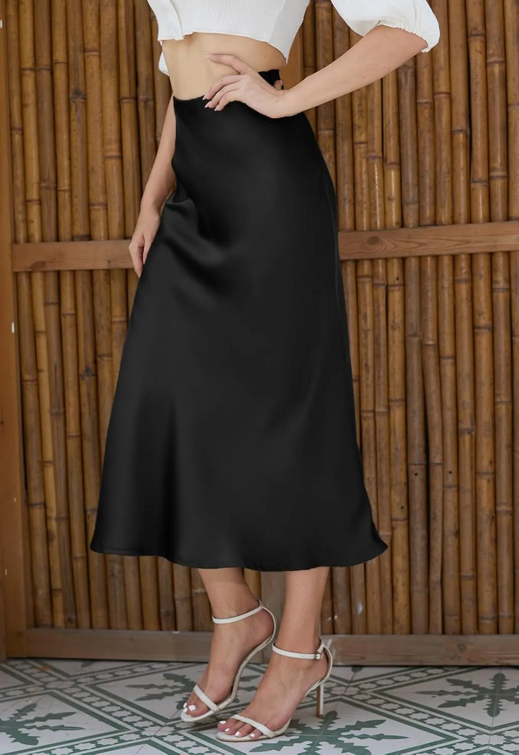 Womens Midi Satin Skirt Side Slit High Elastic Waisted Summer2025 Elegant Solid Skirts for Women