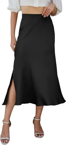 Womens Midi Satin Skirt Side Slit High Elastic Waisted Summer2025 Elegant Solid Skirts for Women