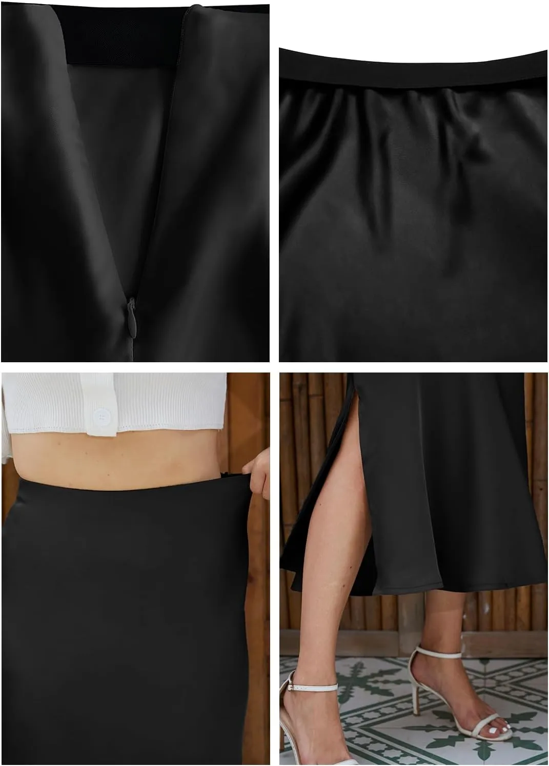 Womens Midi Satin Skirt Side Slit High Elastic Waisted Summer2025 Elegant Solid Skirts for Women