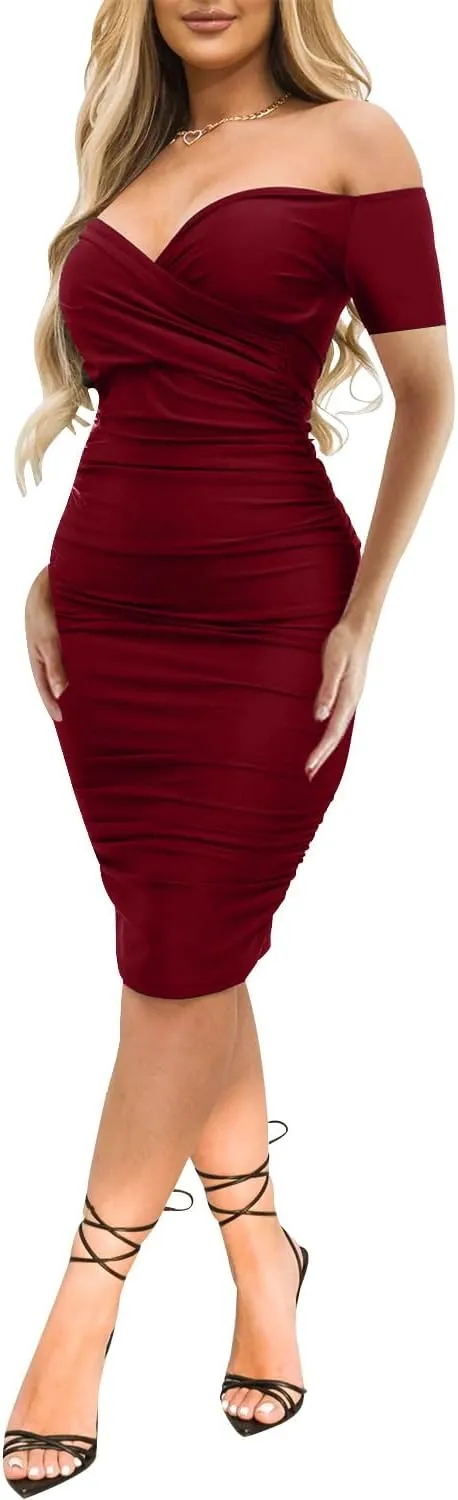 Women's Sexy Deep V Neck Off Shoulder Ruched Bodycon Long Sleeve Midi Dress Evening Party Cocktail Dress