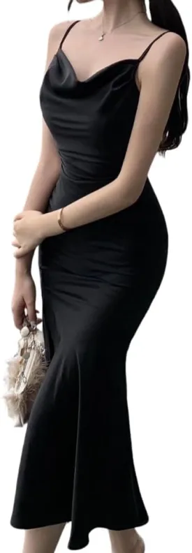 Women's Spaghetti Strap Midi Satin Silk Dresses Slip Cowl Neck Party Cocktail Evening Wedding Guests Dress