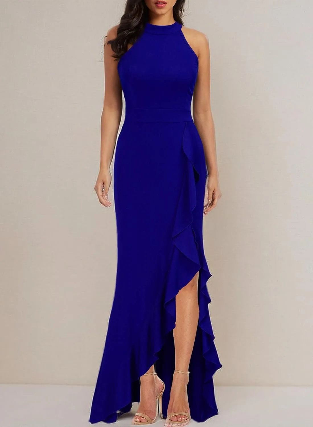 WOOSEA Women's High Neck Split Bodycon Mermaid Evening Cocktail Long Dress