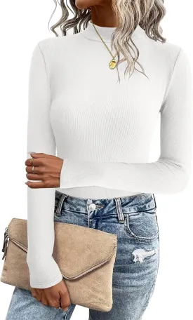 Zeagoo Women's Long Sleeve Stretch Shirts Mock Neck Ribbed T-Shirt Fitted Casual Basic Tops 2024