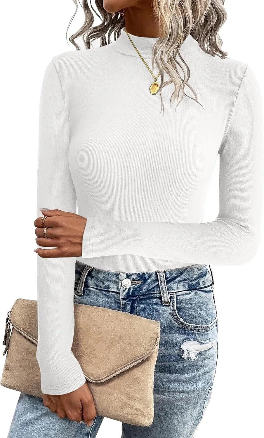 Zeagoo Women's Long Sleeve Stretch Shirts Mock Neck Ribbed T-Shirt Fitted Casual Basic Tops 2024